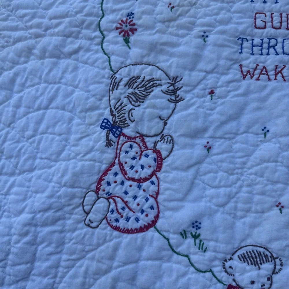VTG Baby Crib Prayer Blanket 33x46 Angels Now I Lay Me Down To Sleep Embroidered